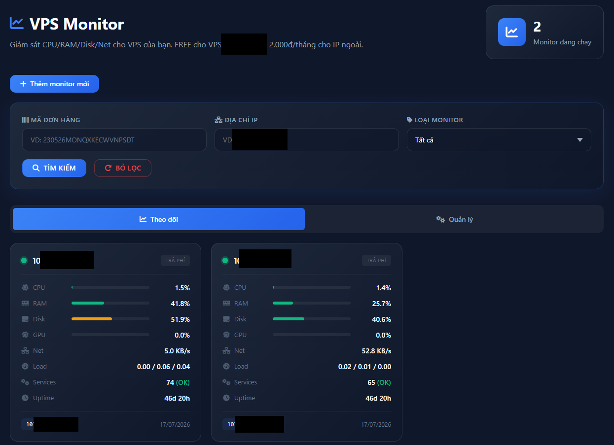 Danh sách monitor — xem nhanh CPU/RAM/Disk mọi VPS