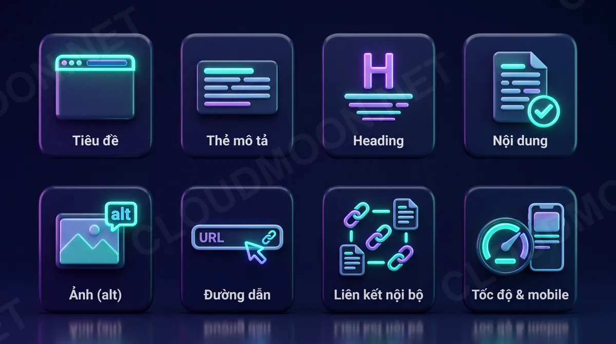 Các yếu tố on-page cần audit: tiêu đề, thẻ mô tả, heading, nội dung, ảnh alt, URL, liên kết nội bộ, tốc độ