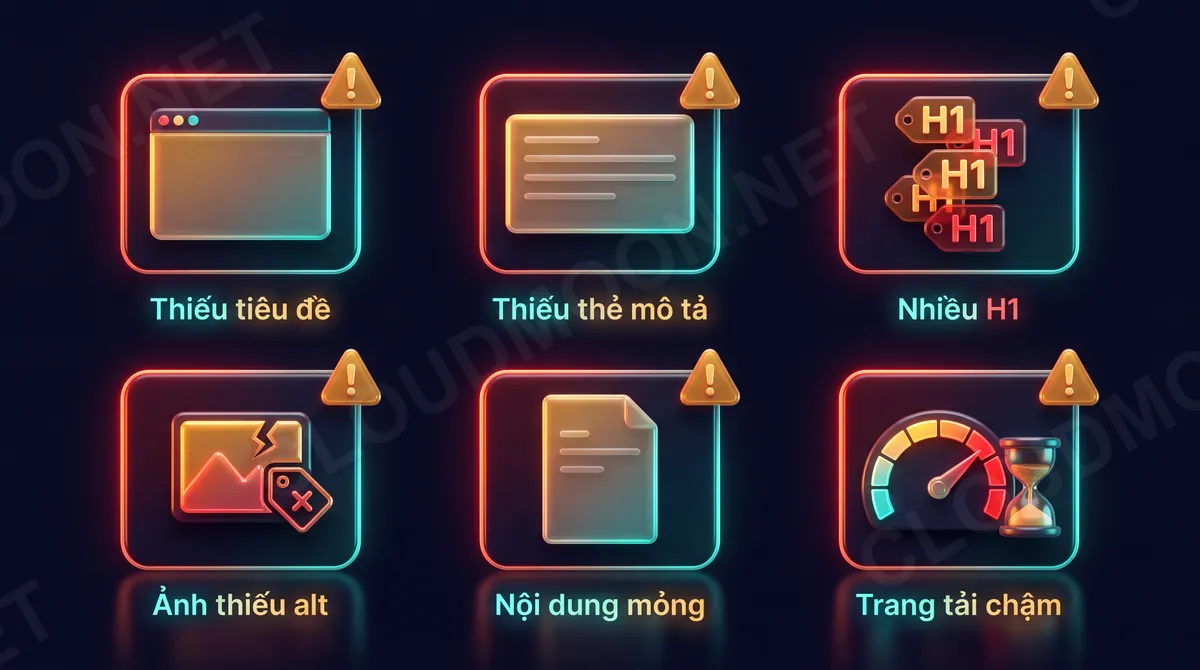Các lỗi on-page thường gặp và cách sửa: thiếu tiêu đề, thiếu mô tả, nhiều H1, ảnh thiếu alt, nội dung mỏng