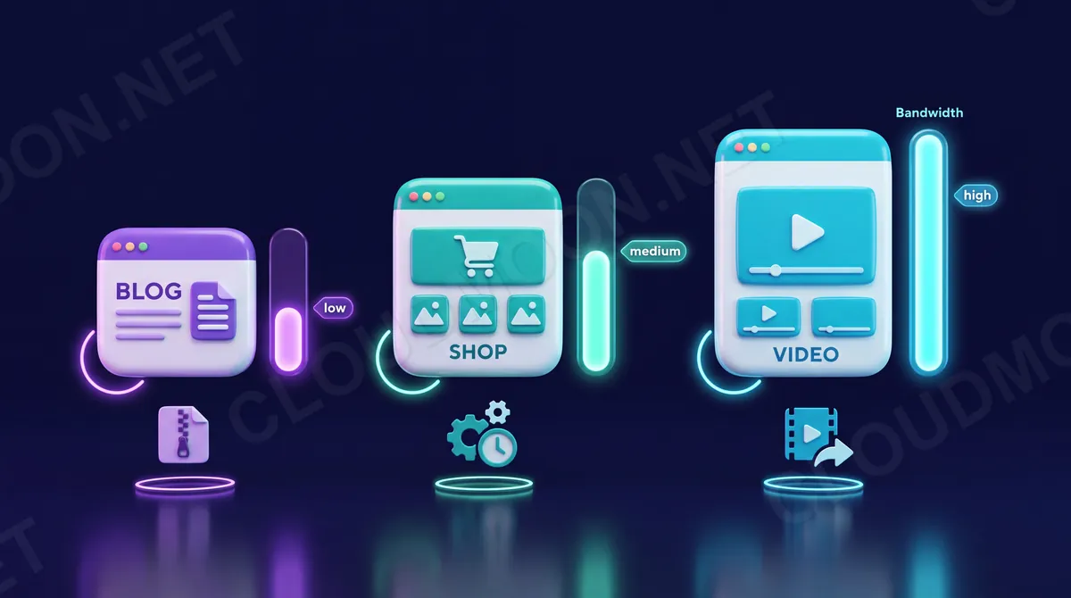 Ba loại website blog, shop, video cần ba mức băng thông thấp, trung bình, cao khác nhau