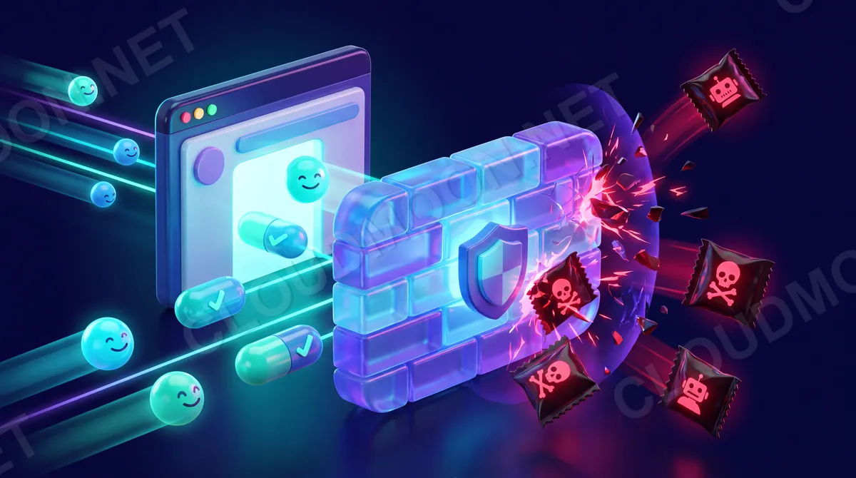 Bức tường lửa đứng ở lối vào website chặn các gói tấn công độc hại của mã độc và bot, cho gói truy cập sạch của người dùng đi qua