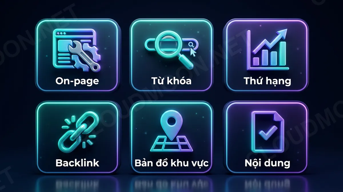Sáu nhóm công cụ SEO kiểm tra: on-page, từ khóa, thứ hạng, backlink, local, nội dung