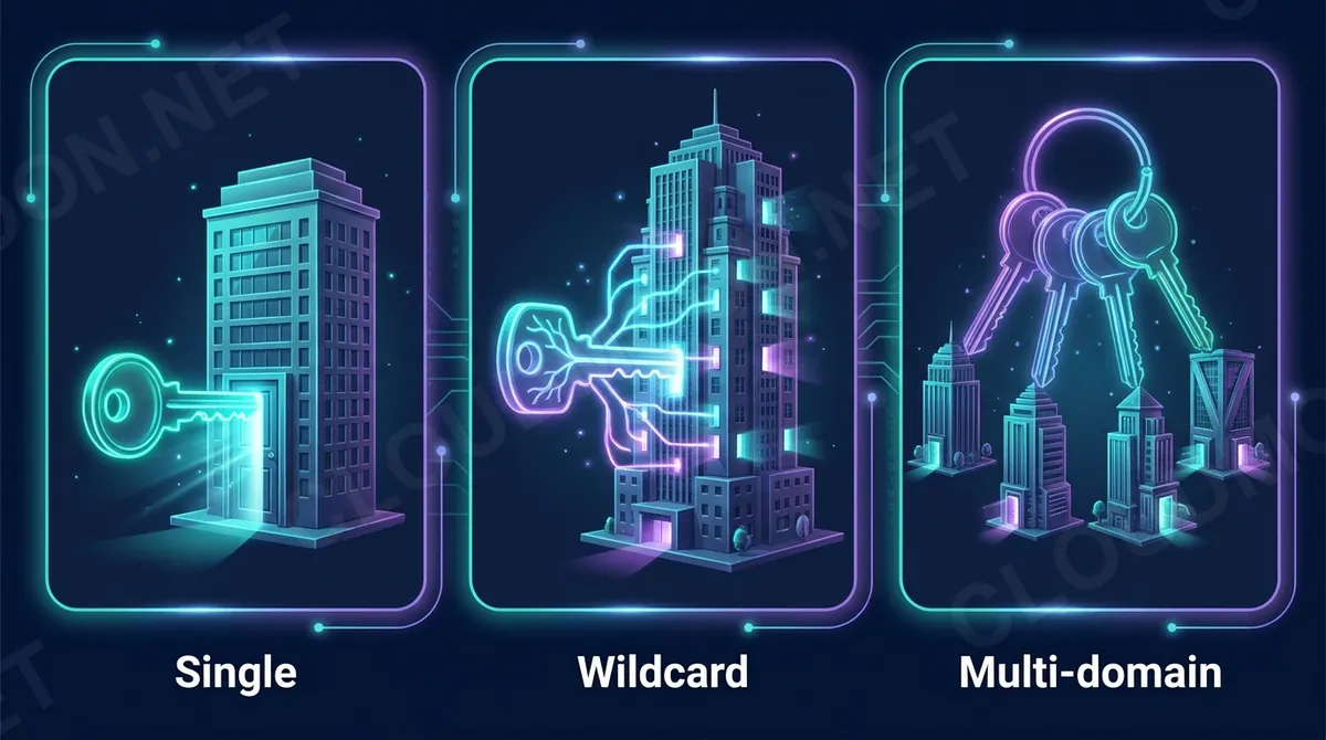 Phạm vi phủ SSL: Single một tên miền, Wildcard mọi subdomain, Multi-domain nhiều tên miền