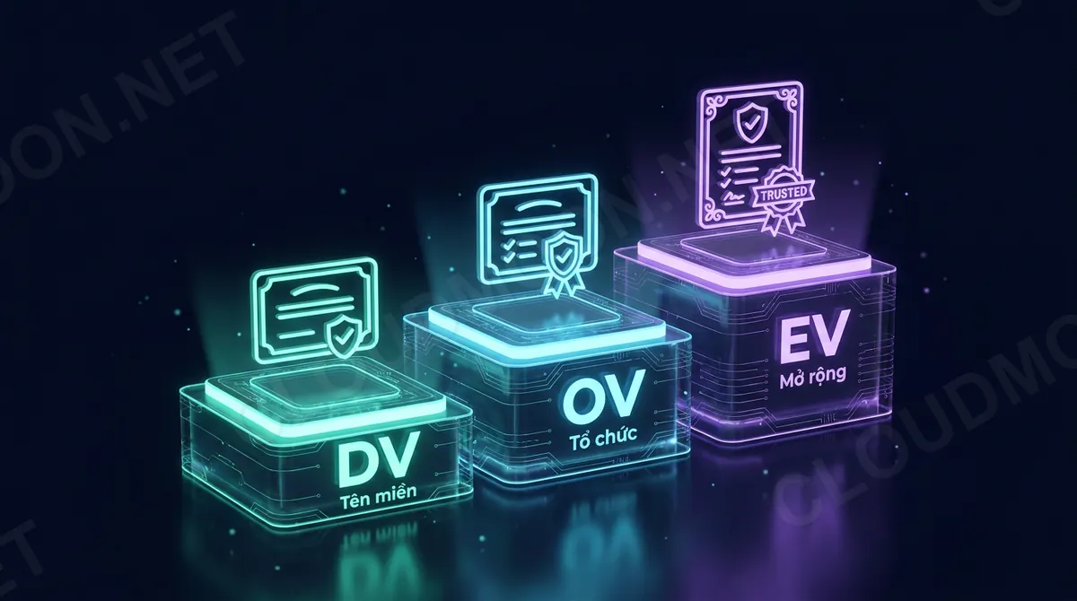 Ba mức xác thực SSL: DV xác thực tên miền, OV xác thực tổ chức, EV xác thực mở rộng