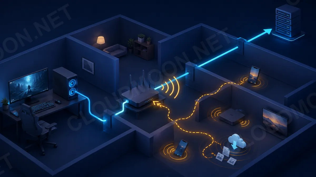 Minh họa so sánh kết nối Ethernet và Wi-Fi trong mạng gia đình