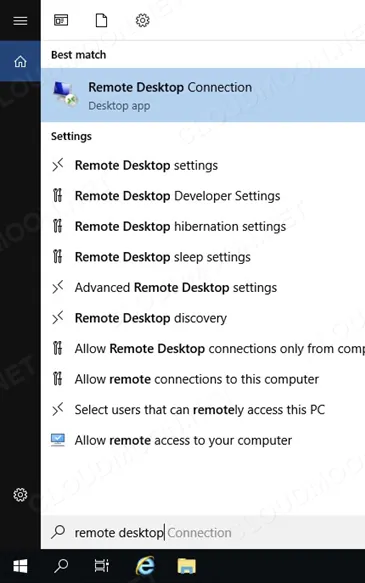 Tìm Remote Desktop Connection trong menu Start của Windows