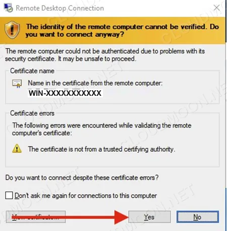 Hộp thoại cảnh báo chứng chỉ khi kết nối Remote Desktop, bấm Yes để tiếp tục