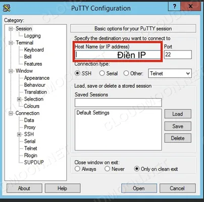 Nhập địa chỉ IP VPS vào PuTTY Configuration, cổng mặc định 22