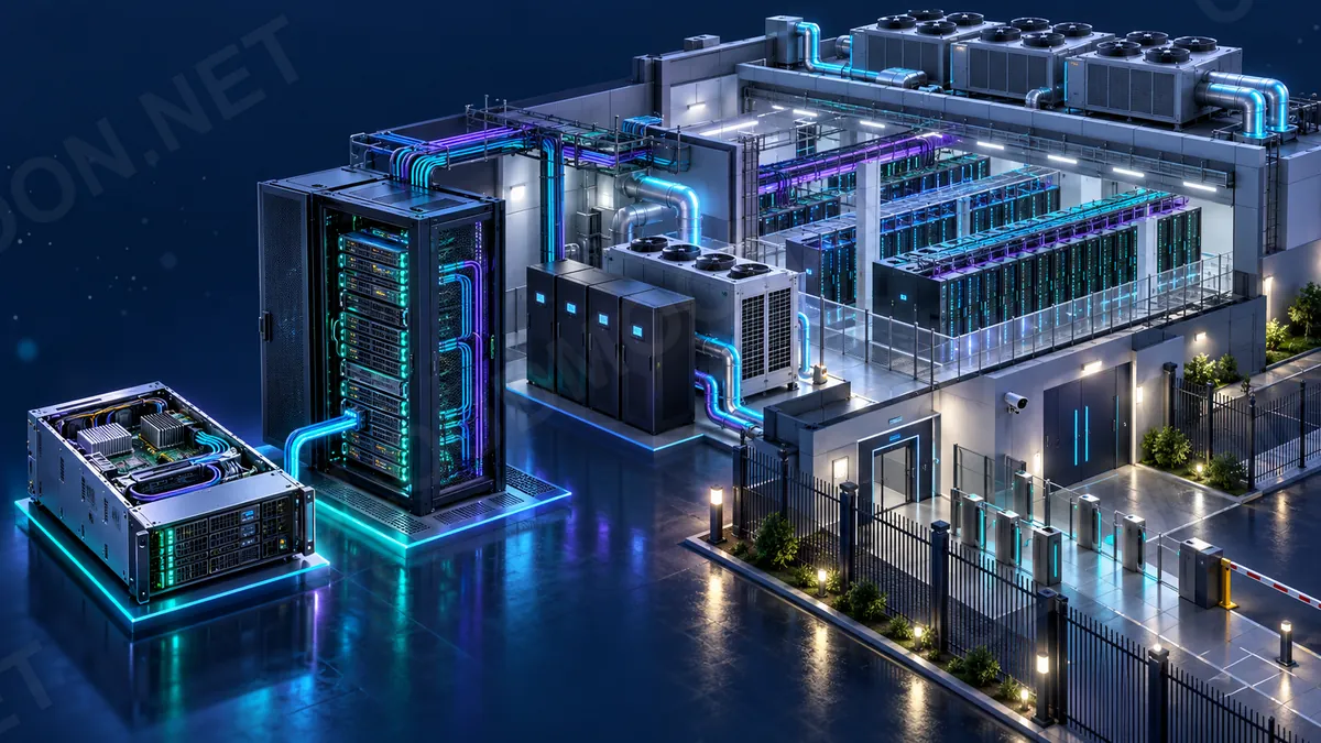 Data center gồm máy chủ, rack, điện, làm mát và kiểm soát ra vào