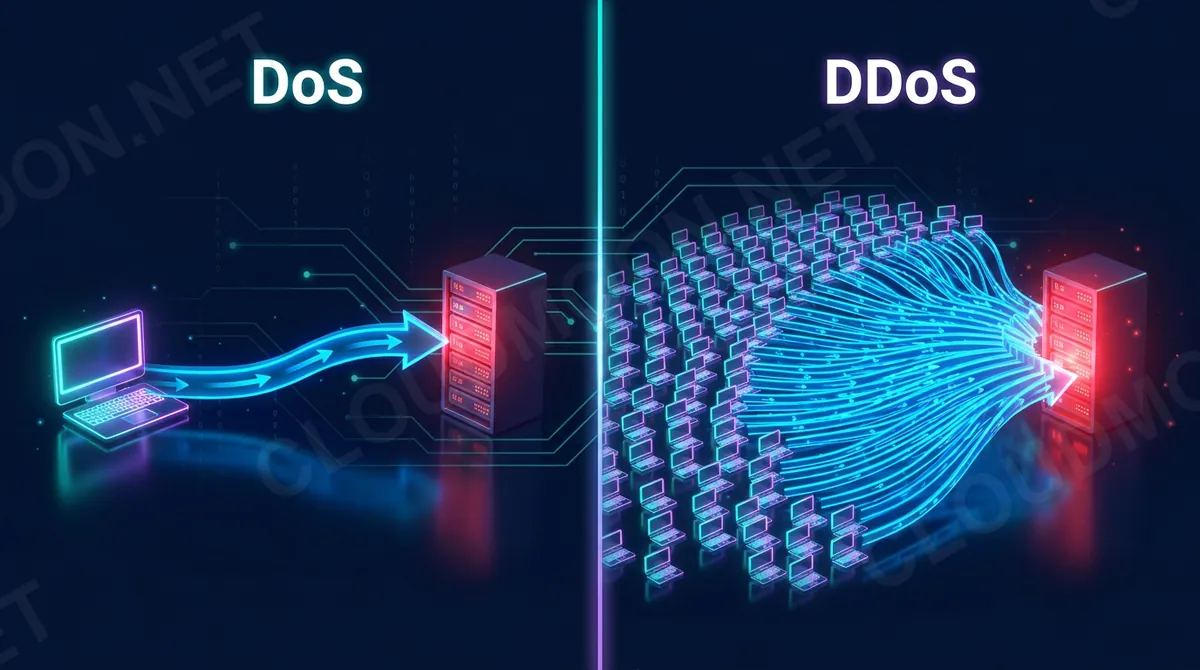 DoS tấn công từ một nguồn so với DDoS tấn công phân tán từ nhiều nguồn qua botnet