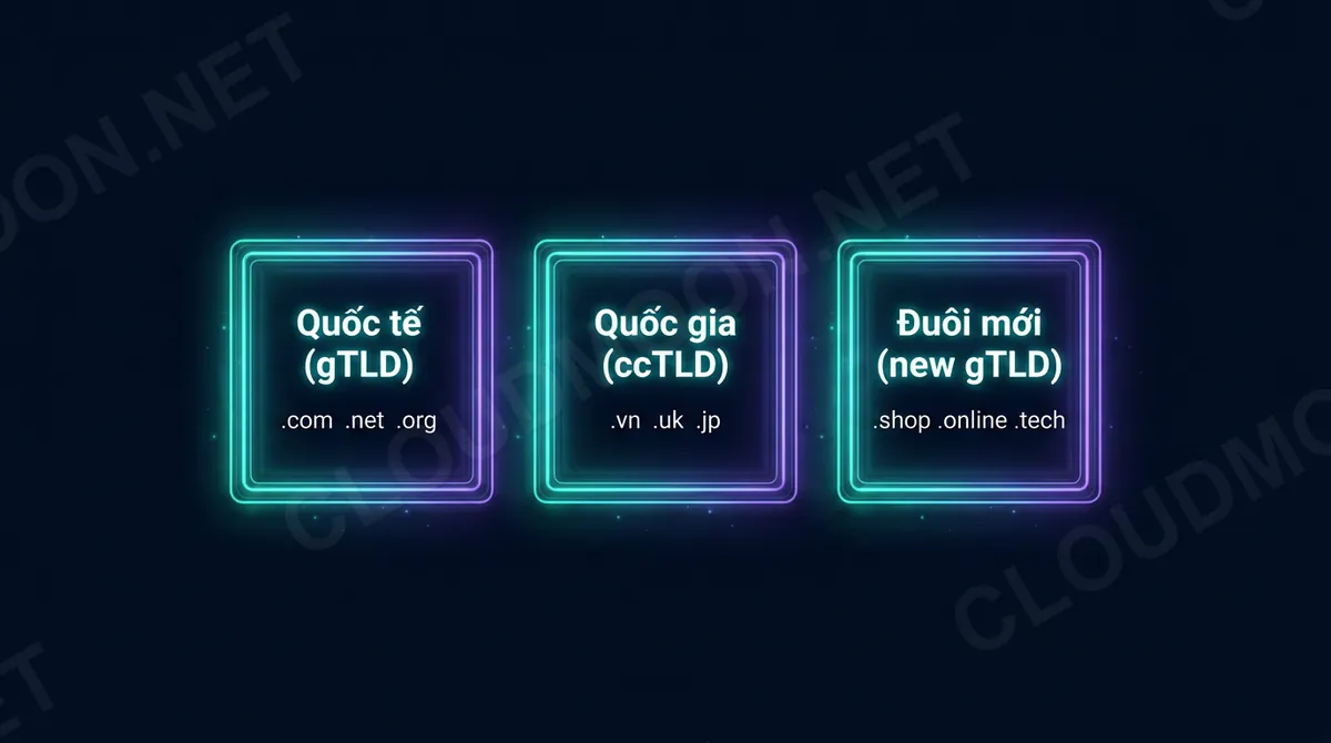 Ba nhóm đuôi tên miền: quốc tế gTLD, quốc gia ccTLD, đuôi mới