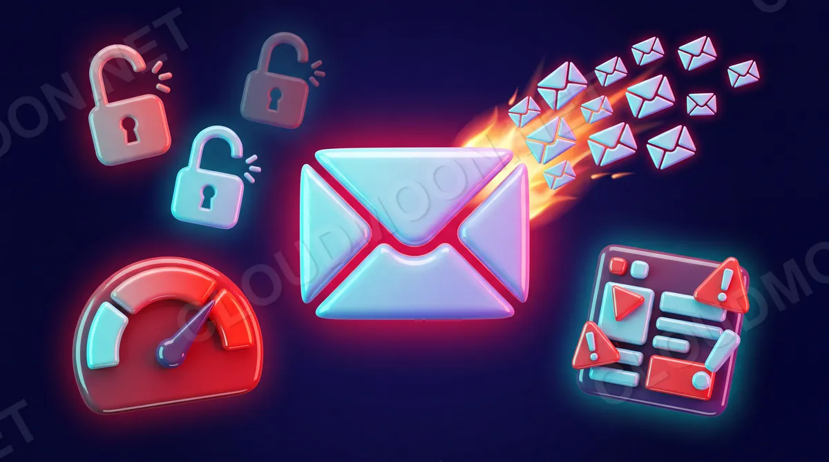 Lá thư email với dấu hiệu bị nghi ngờ: thiếu ba con dấu xác thực chưa đóng, IP uy tín thấp màu đỏ, nội dung nhiều dấu chấm than và chữ hoa, thư bắn ra ồ ạt