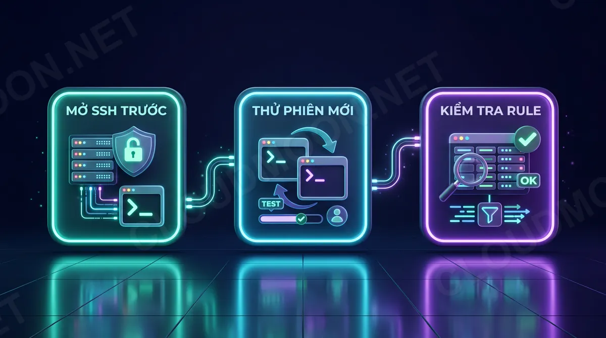 Checklist an toàn khi cấu hình firewall VPS: mở SSH, thử phiên mới và kiểm tra rule