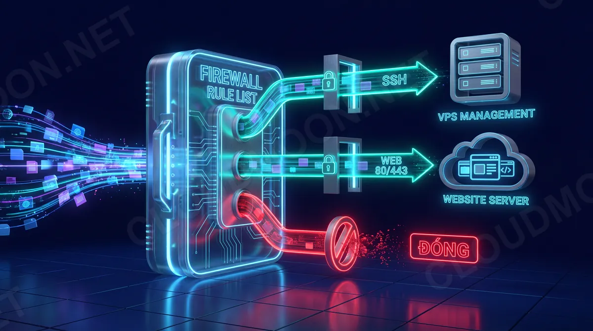 Sơ đồ firewall VPS cho phép SSH và web, chặn cổng không cần thiết