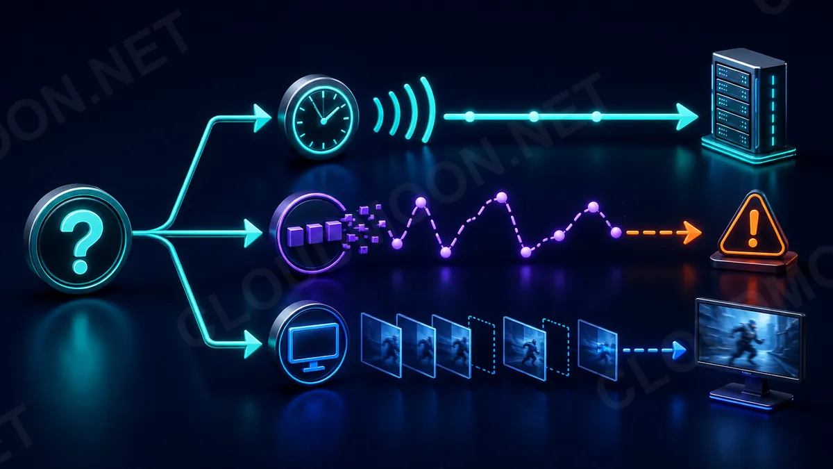 Sơ đồ cây quyết định phân biệt ping cao, jitter và tụt FPS khi chơi game