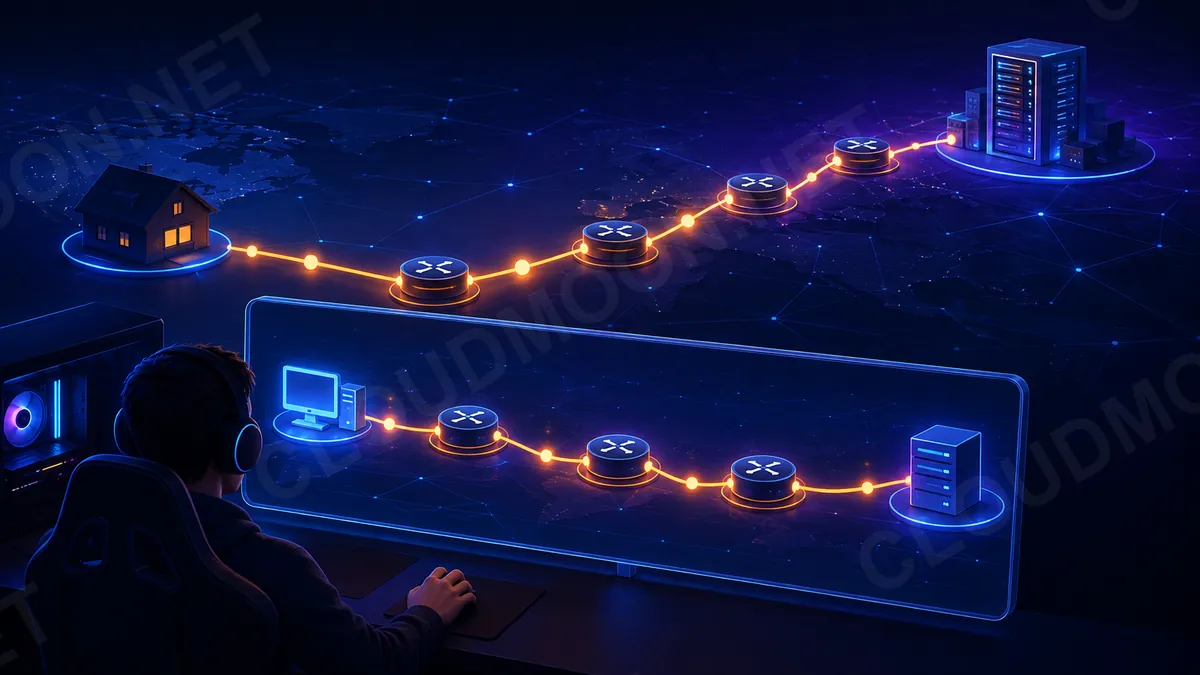 Minh họa lệnh tracert theo dõi các chặng mạng đến game server
