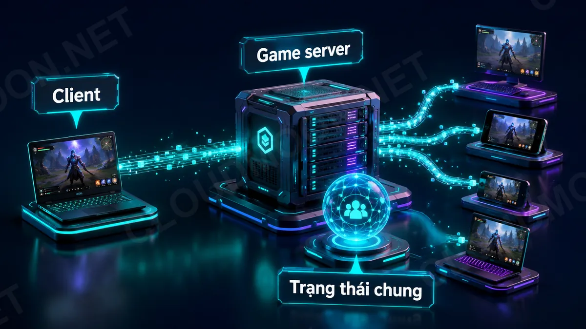 Sơ đồ game client gửi dữ liệu đến game server rồi nhận trạng thái chung trả về