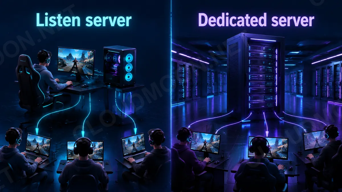 So sánh listen server do người chơi host với dedicated server chạy trên máy riêng