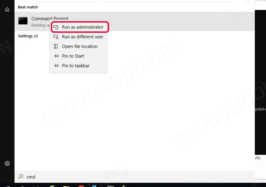 Chuột phải vào Command Prompt trong menu Start và chọn Run as administrator trên Windows Server