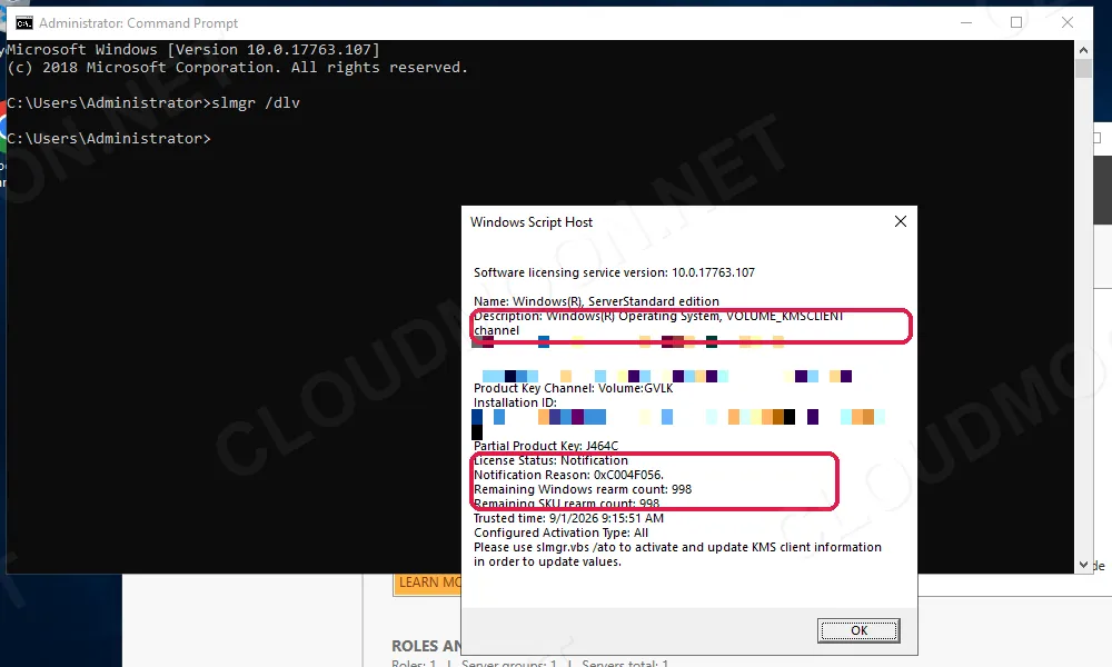 Kết quả lệnh slmgr /dlv trên Windows Server 2019 hiện dòng Description, License Status và số lượt rearm còn lại