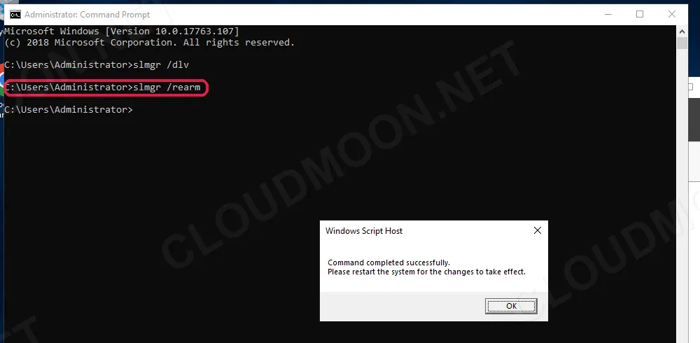Lệnh slmgr rearm chạy thành công trên Windows Server và yêu cầu khởi động lại máy chủ