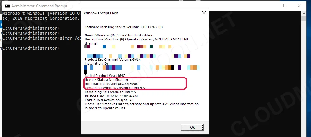Kết quả slmgr /dlv sau khi rearm và khởi động lại: License Status vẫn Notification, rearm count giảm từ 998 xuống 997