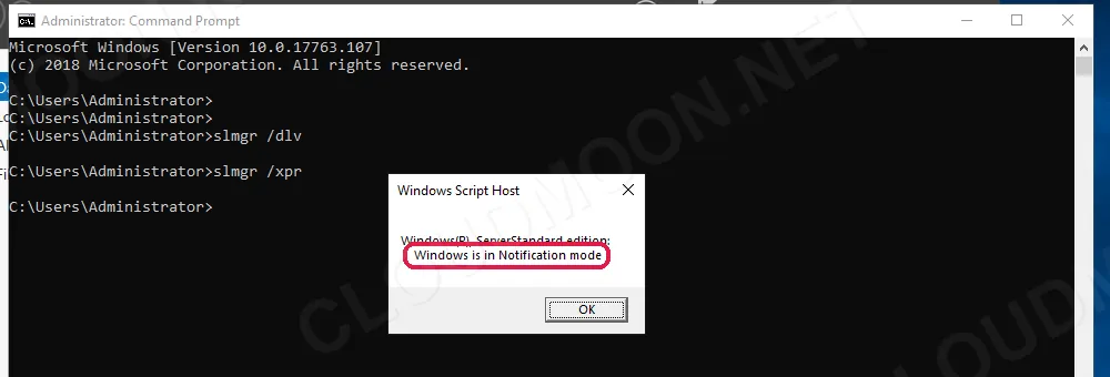 Kết quả lệnh slmgr /xpr sau khi rearm và khởi động lại Windows Server, báo Windows is in Notification mode