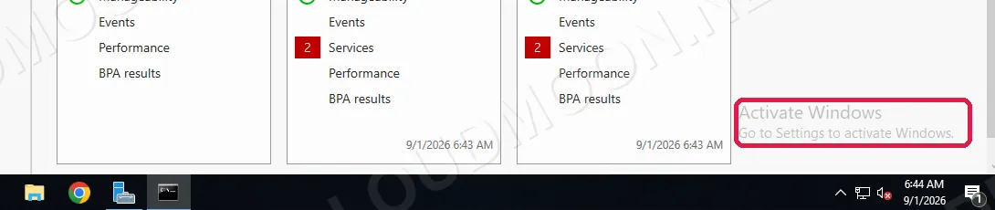 Dòng chữ Activate Windows hiện ở góc dưới bên phải màn hình Windows Server chưa kích hoạt