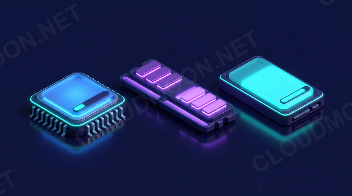 Ba tài nguyên VPS: chip CPU, thanh RAM và ổ đĩa SSD với mức sử dụng khác nhau