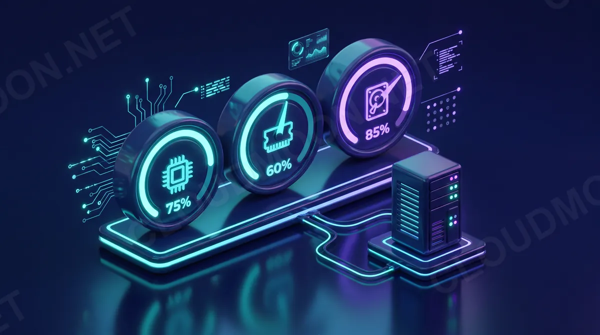 Bảng giám sát VPS với ba đồng hồ đo mức sử dụng CPU, RAM và ổ đĩa