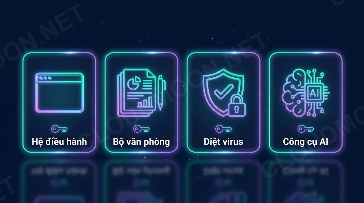 Các phần mềm nổi tiếng cần key bản quyền: hệ điều hành, bộ văn phòng, diệt virus, công cụ AI