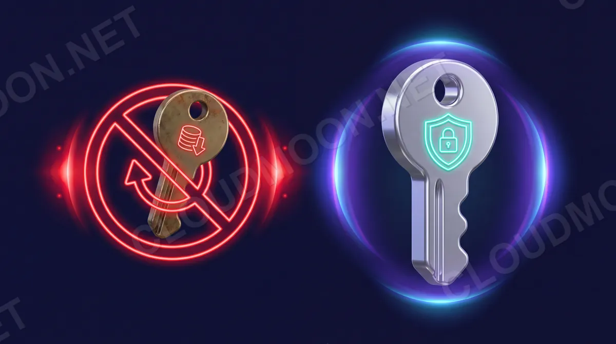 Chìa khóa gắn thẻ giá siêu rẻ bị dấu cấm đỏ và biểu tượng thu hồi vô hiệu hóa, so với chìa khóa bản quyền giá hợp lý an toàn