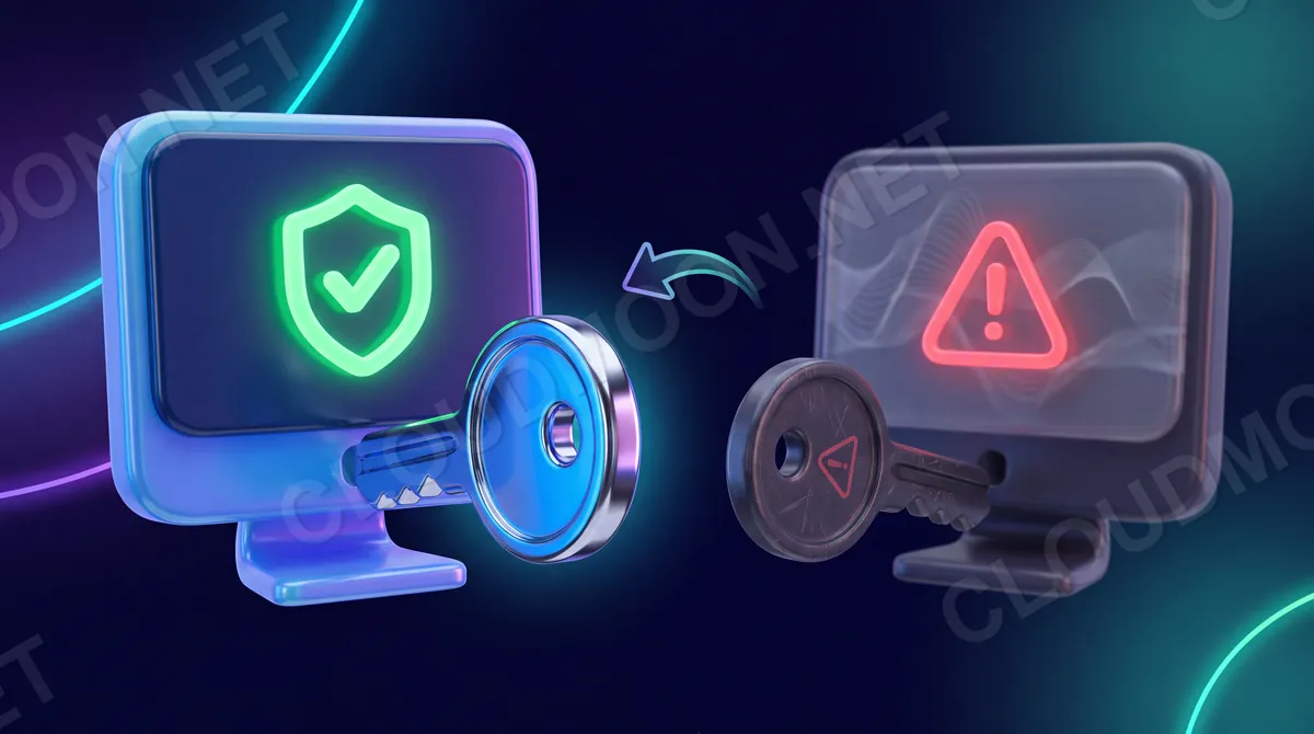 Chìa khóa bản quyền Windows chính hãng kích hoạt máy tính hiện khiên xanh, đặt cạnh chìa khóa siêu rẻ mờ ám có cảnh báo watermark