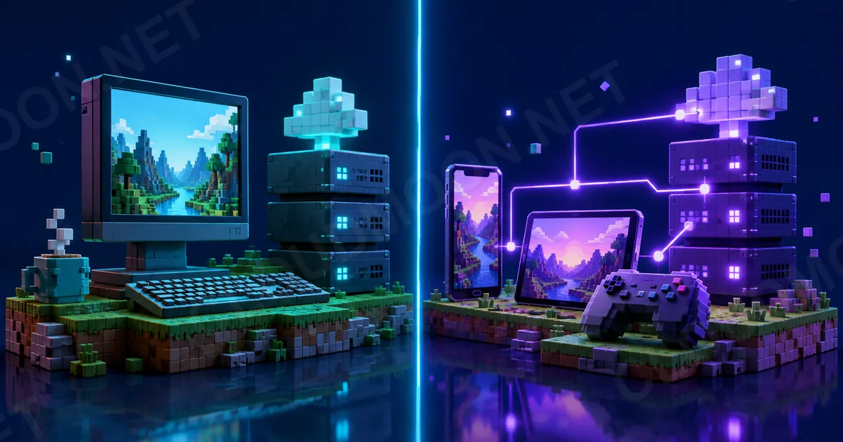 So sánh Minecraft Java trên máy tính với Bedrock trên nhiều thiết bị và máy chủ riêng