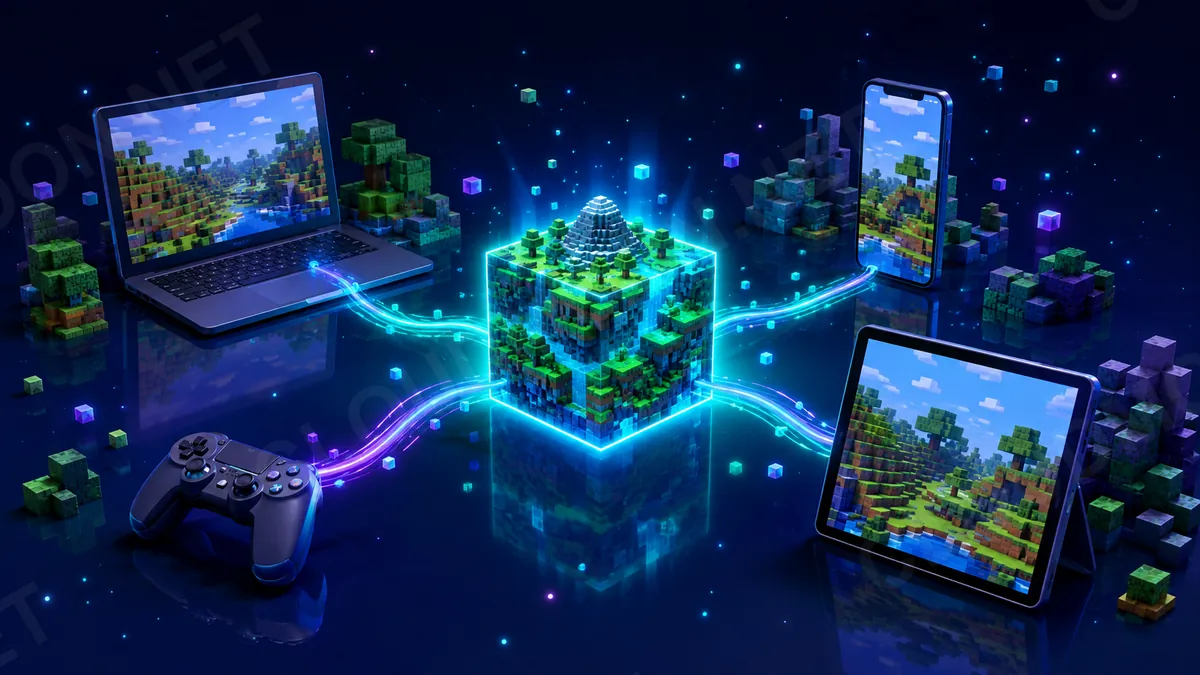 Laptop, điện thoại, máy tính bảng và tay cầm cùng kết nối vào một thế giới Minecraft chung