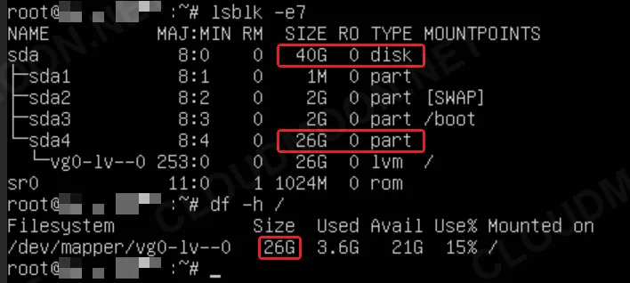 Kết quả lsblk và df -h trên VPS Linux: ổ đĩa 40G nhưng phân vùng và hệ thống tệp chỉ 26G