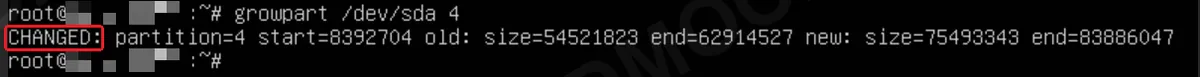 Lệnh growpart /dev/sda 4 báo CHANGED, phân vùng đã được nới tới cuối ổ đĩa