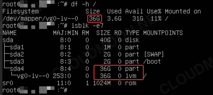 Sau khi mở rộng ổ đĩa Linux, df -h báo dung lượng tăng từ 26G lên 36G