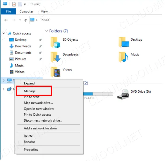 Chuột phải vào This PC, chọn Manage để mở Computer Management