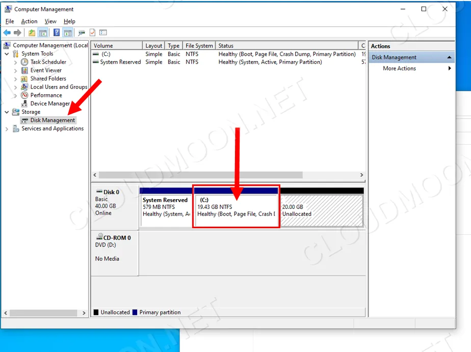 Cửa sổ Disk Management hiện ổ C và 20GB dung lượng chưa cấp phát nằm ngay bên cạnh