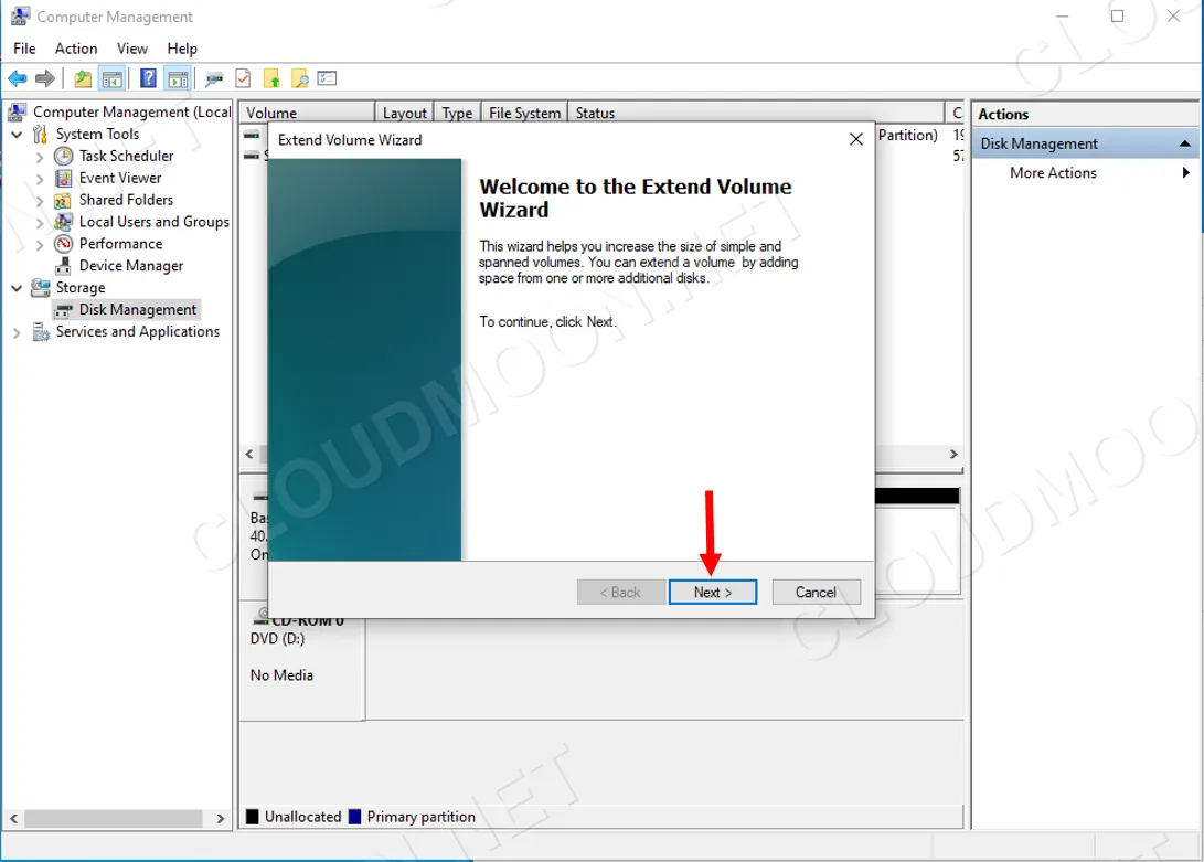 Màn hình chào của Extend Volume Wizard, bấm Next để tiếp tục