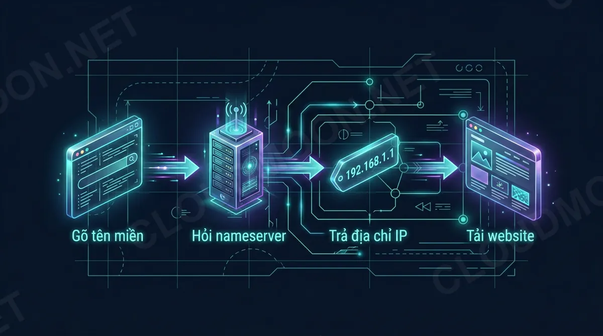 Nameserver hoạt động: hỏi nameserver, trả địa chỉ IP, tải website