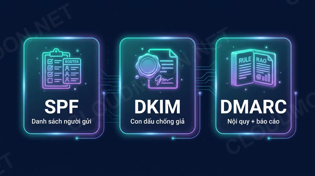Ba vai của SPF, DKIM, DMARC trong xác thực email