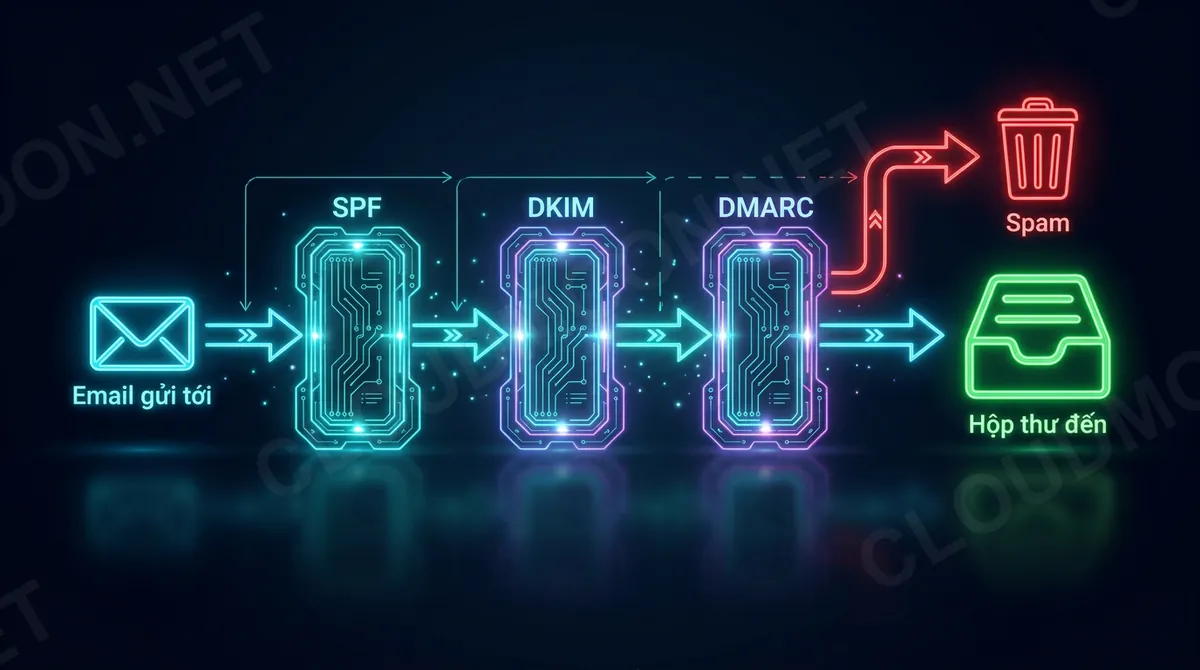 Sơ đồ email đi qua ba lớp kiểm tra SPF, DKIM và DMARC