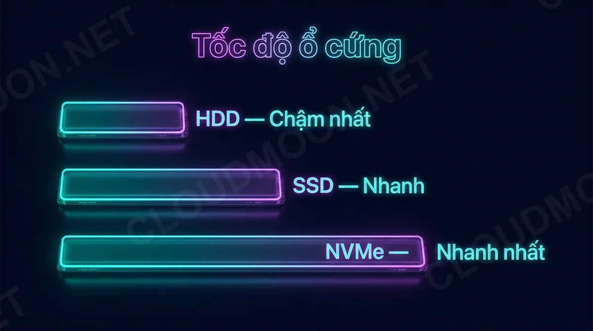 Tốc độ HDD chậm nhất, SSD nhanh, NVMe nhanh nhất