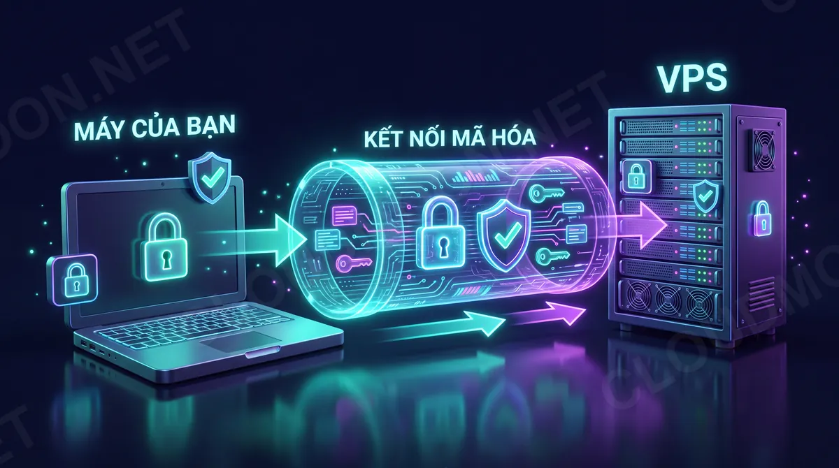 Sơ đồ SSH kết nối máy của bạn với VPS qua đường truyền được mã hóa