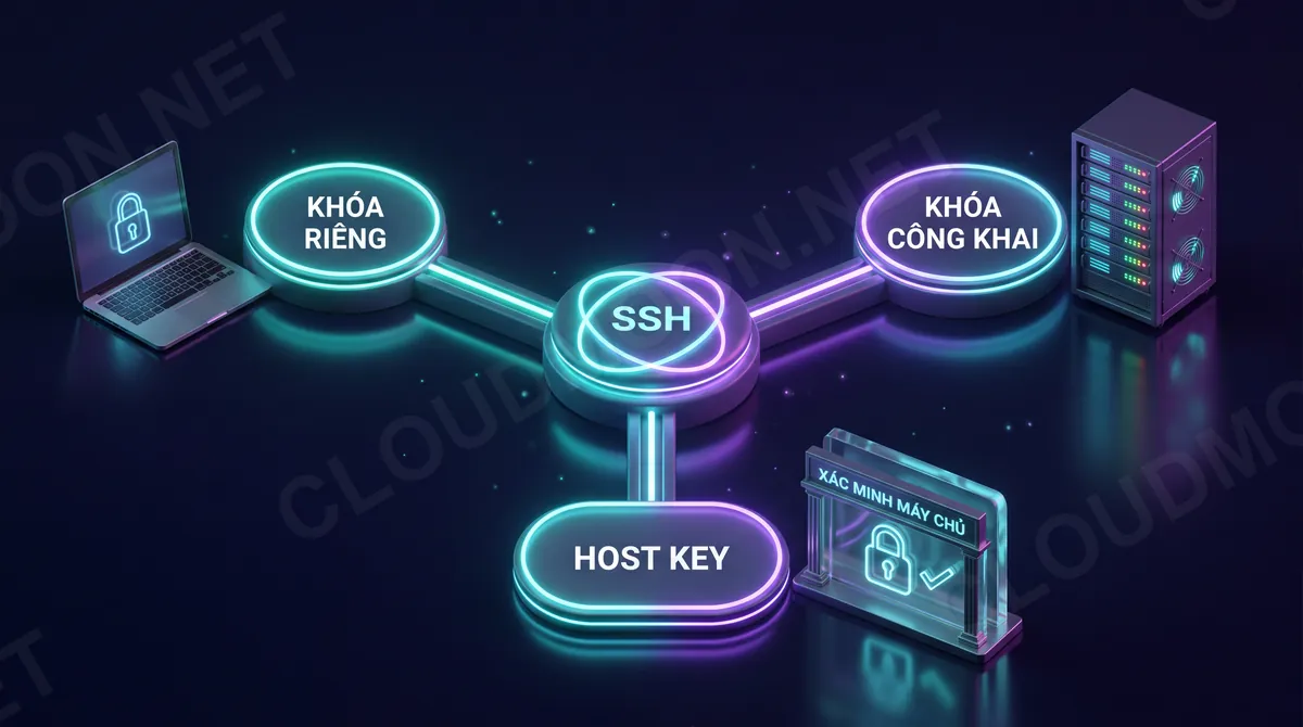 Sơ đồ ba thành phần SSH gồm khóa riêng, khóa công khai và host key xác minh máy chủ