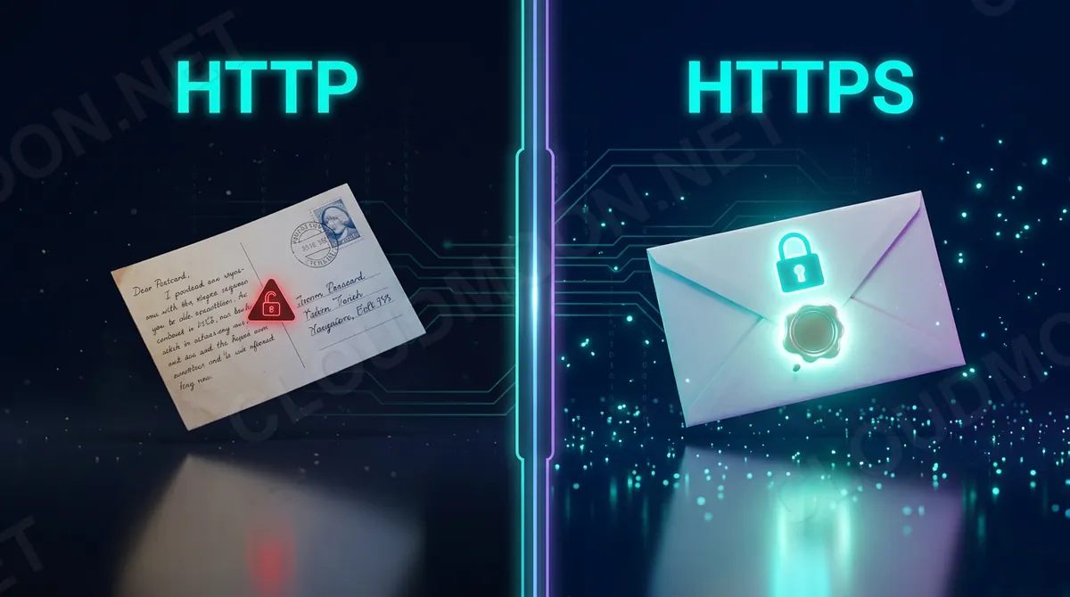 So sánh HTTP như bưu thiếp hở và HTTPS như phong bì niêm phong nhờ SSL