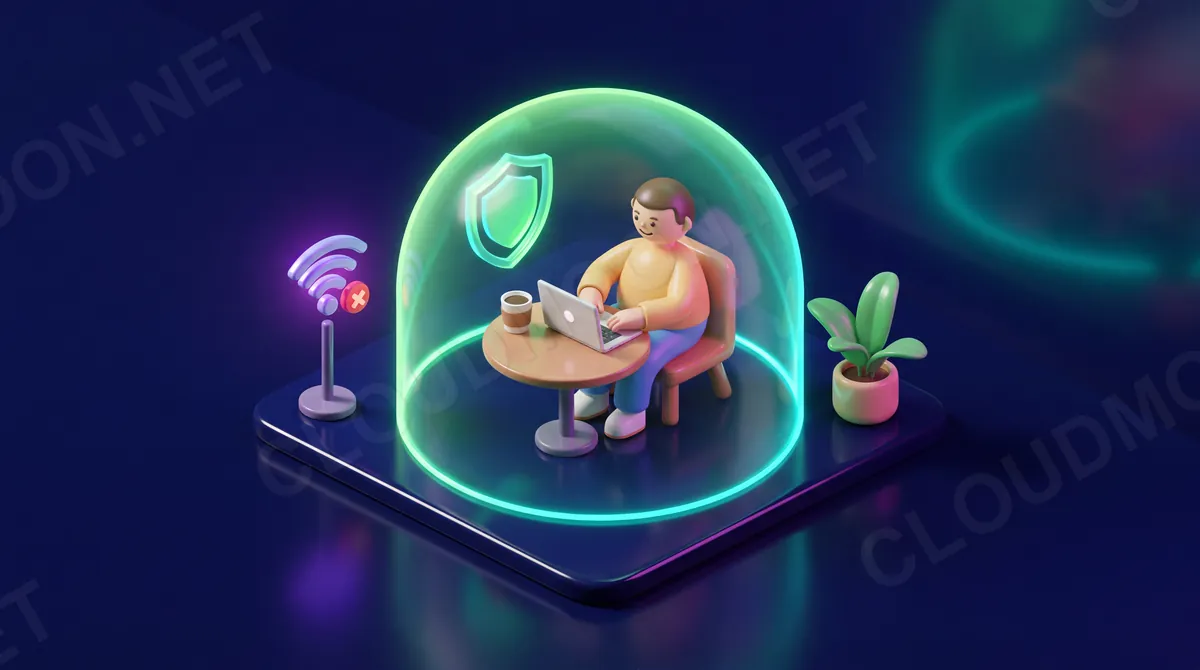 Người dùng laptop ở quán cà phê được lá chắn VPN bảo vệ khi dùng wifi công cộng