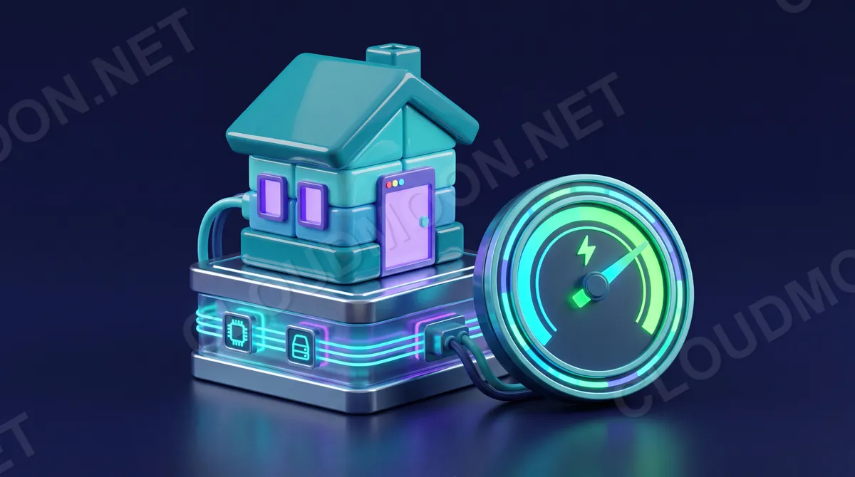 Ngôi nhà website đặt vững trên nền móng máy chủ ổ cứng tốc độ cao, bên cạnh đồng hồ đo điểm tốc độ chỉ vào vùng xanh điểm cao